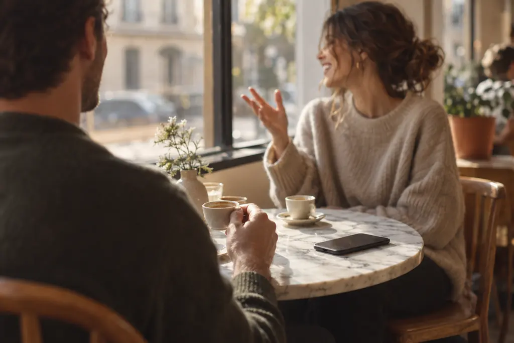 Two people laughing over espresso at a marble café table by a sunny window