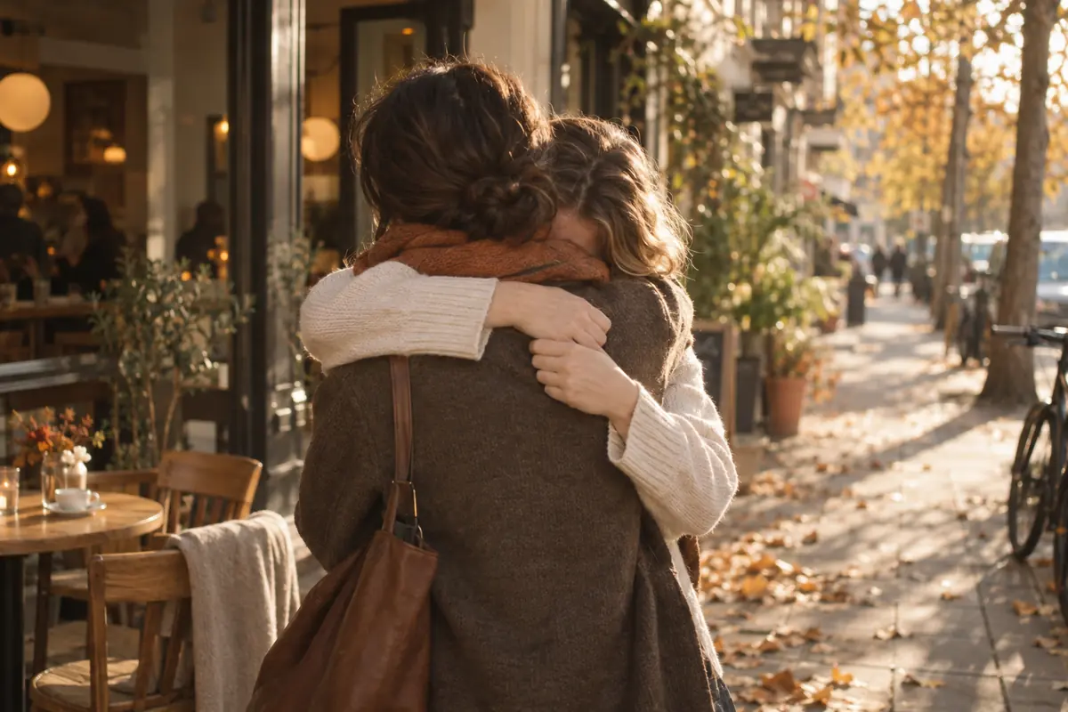 Two friends hugging hello on a sunlit sidewalk outside a café