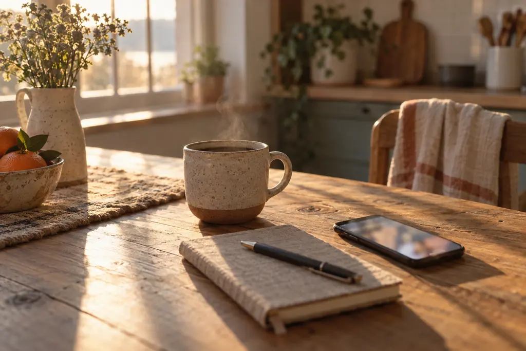 A mug of coffee, a notebook and a softly glowing phone on a sunlit kitchen table