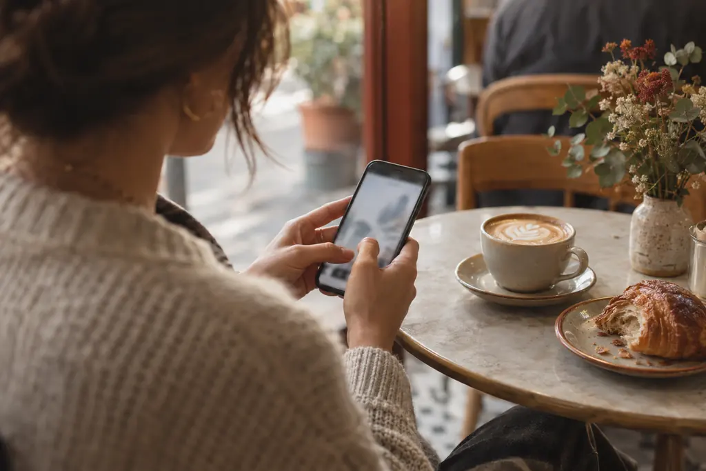 Hands holding a phone above a café table with a flat white and a croissant