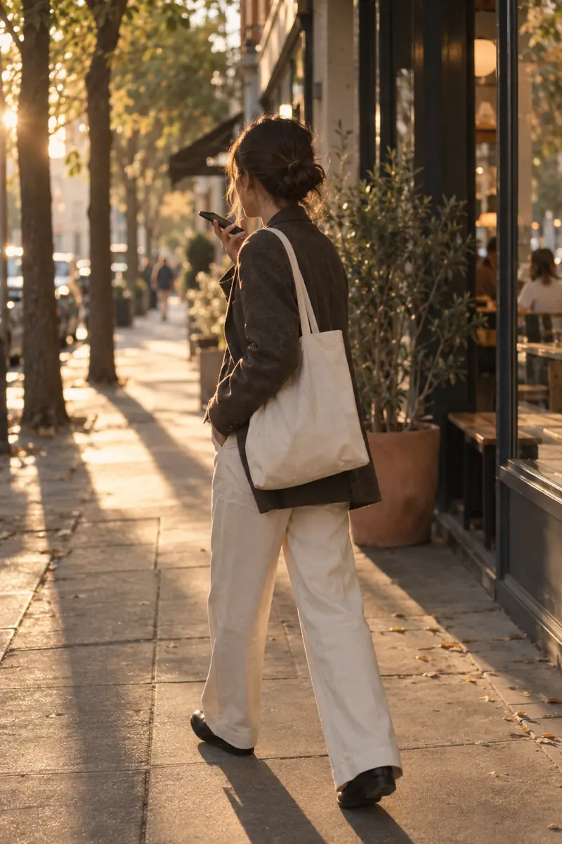 Someone walking down a sunlit street, talking into their phone